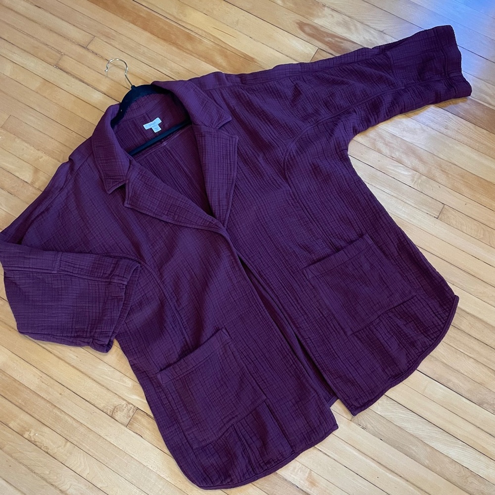 J. JILL PURE JILL Relaxed Double Gauze Blazer Jacket Pockets Burgundy Scandi
